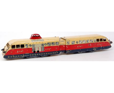French Hornby red and cream 2 car Etat bugatti 20V AC, creases to front and sides, marks to sides and roofs (F-G)