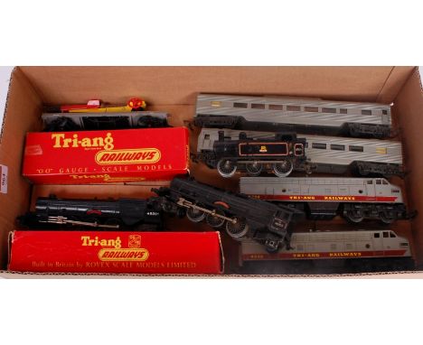 Small collection of Triang, TC series 4008 diesel locomotive and trailer 2 silver TC coaches, black 'Princess Elizabeth' loco