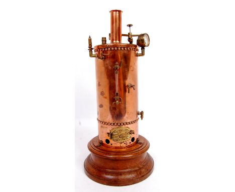 A fine looking copper vertical boiler on turned wood display base with sight glass, Brass fire door to single flue, large wei