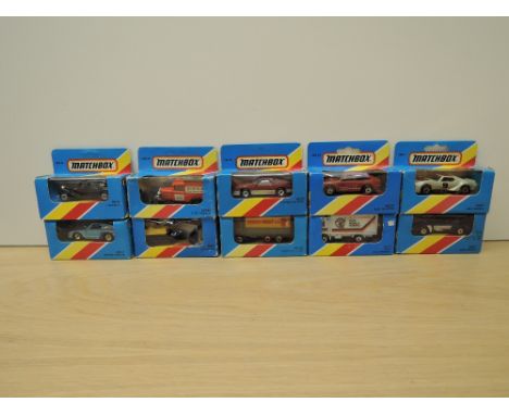 Ten 1981 Matchbox die-casts, MB7 IMSA Mazda, MB9 AMX Javelin, MB20 Volvo Container Truck Scotch Corner, MB25 Audi Quattro, MB