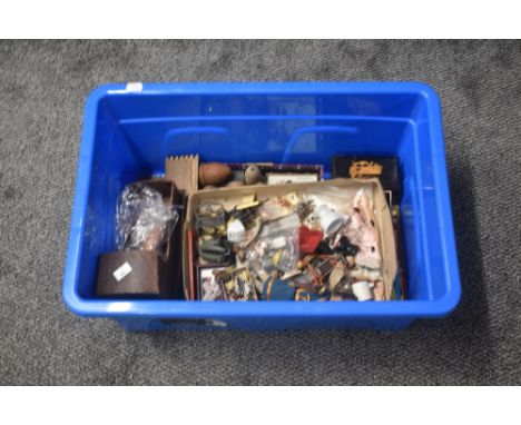 A collection of vintage miniature figures and animals including lead Monkey's with adjustable arms, hollow cast sitting Fox, 