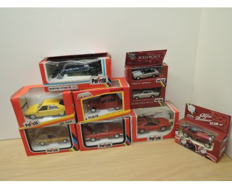 Nine Polistill die-casts, 1:22 scale Martini Lotus 79, 1:25 scale S675 Ford Fiesta S, S686 Mercedes Benz 450SL, Citroen BX, C