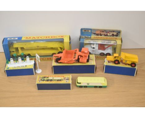 Six Matchbox die-casts, King Size K2 Scammell Heavy Wreck Truck, K6 Allis Chalmers Earth Scrapper, K8 Car Transporter, Major 