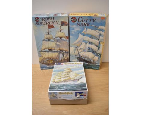 Three plastic model kits, Airfix Series 9 9251 Royal Sovereign &amp; 9253 Cutty Sark and Revell H340 Gorch Fock, all appear c