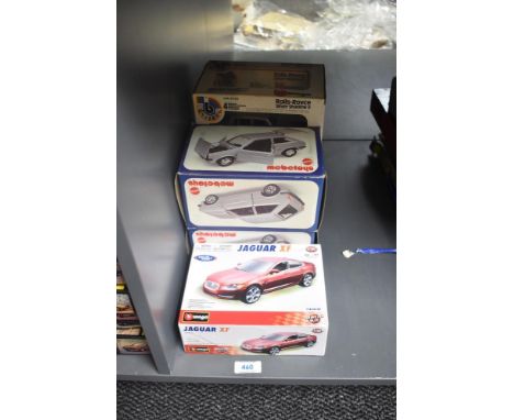 Two Mattel Mebetoys 1:25 scale part made Ford Fiesta Cars and three Burago Models or Kits, Rolls Royce x2 and Jaguar XF, all 