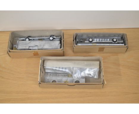Three metyal model kits, Anbrico Bristol ECW &amp; Atlantean Buses and Westward AEC Willowbrook Bus, all appear complete