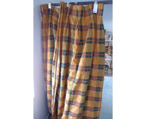 A pair of Zoffany gold plaid lined 56 inch wide x 102 inch drop curtains 