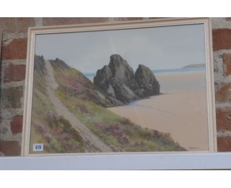 An early 20th century framed and glazed goache - Coastal Scene - signed R D Sherrin, listed artist - 43cm 57cm 