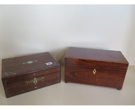 A 19th century mahogany tea caddy, and a Victorian rose wood inlaid jewellery box 