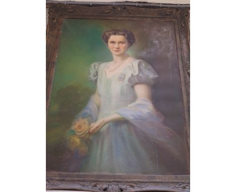 A oil on canvas, portrait of a young lady, signed bottom left Harrington ?, in the fashion of John Singer Sargent ,in a swept