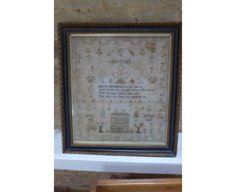 A Pictorial and Prose woolwork sampler by Hester Houghton - 38cm x 33cm - some staining but no holes 