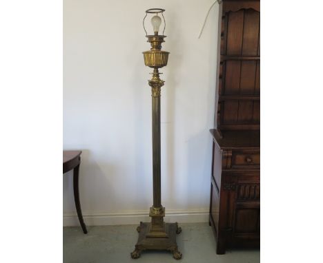 A heavy brass column oil lamp, with electrical conversion - 156cm tall 