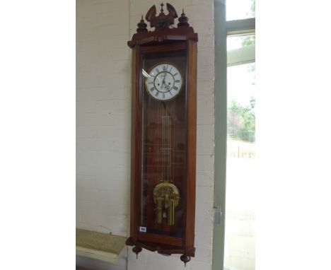 A walnut double weight Vienna wall clock - 121cm tall, running order 