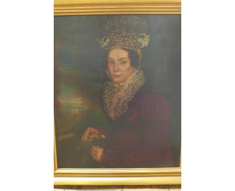 An oil on canvas portrait entitled verso - Lady Mabel, restored by Florence Young 1976 - in a gilt frame, 91cm x 79cm 
