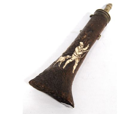 19th century continental stag's antler and bone powder flask, 27cm long.