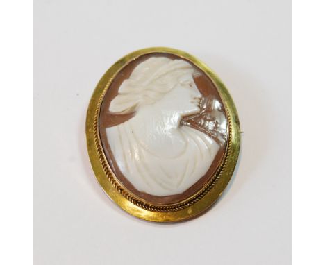 Cameo brooch with shell portrait of a woman, in gold, '9ct'.