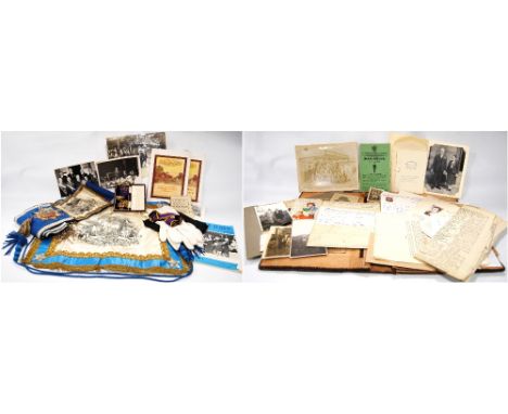 Order of Odd Fellows: gilt enamel medal, a sash and apron and gloves, and assorted photographs and ephemera.