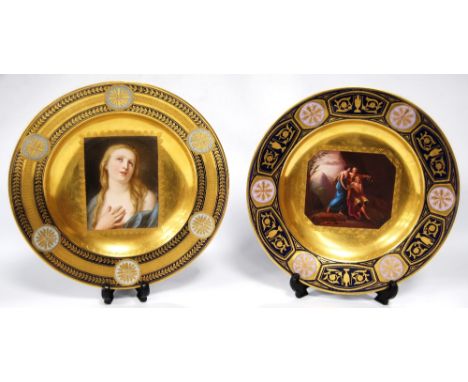 Two Vienna gilt porcelain plates depicting Magdalena and Ulysees and Penelope, 24.5cm diameter. Condition Report Both with li