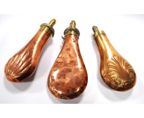 19th century Sykes Patent copper and brass embossed powder flask, 19cm long, and two others, both un-named, 18cm and 21cm.  (