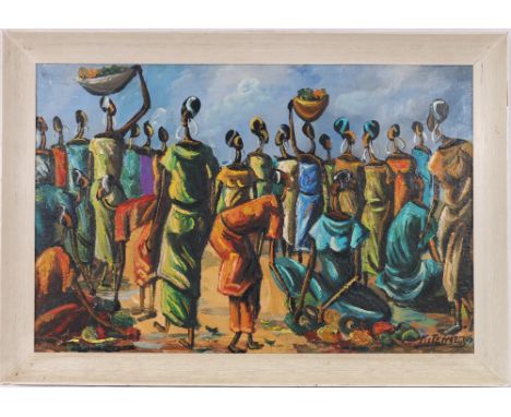 K. TENGEAfrican market sceneSigned, oil on board, 36cm x 57cm.The New Argosy label verso