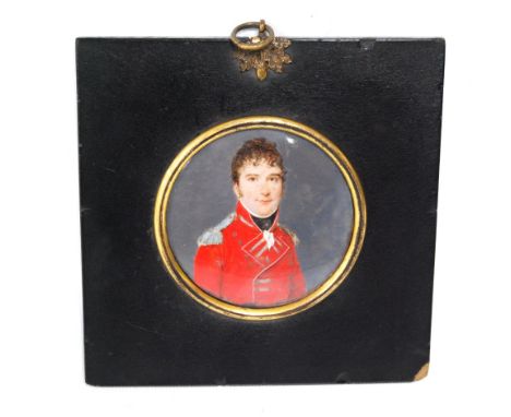 BRITISH SCHOOL (19TH CENTURY)Portrait of a Dorset Militia ColonelWatercolour, circular, 6.5cm diameter.