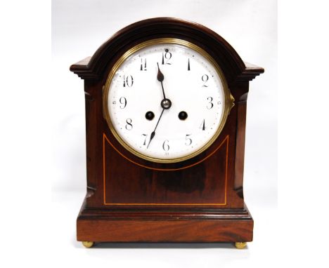 Early 20th century line inlaid mahogany mantel clock with Arabic enamel dial, 28cm high.