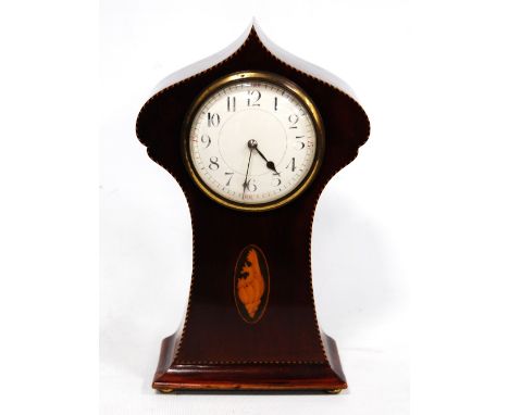 Edwardian marquetry mahogany mantel clock of Art Nouveau form, inlaid with a conch shell, Arabic enamel dial and cylinder mov