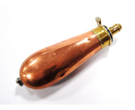 19th century Hawksley copper and brass powder flask with suspension loop, 13cm long.