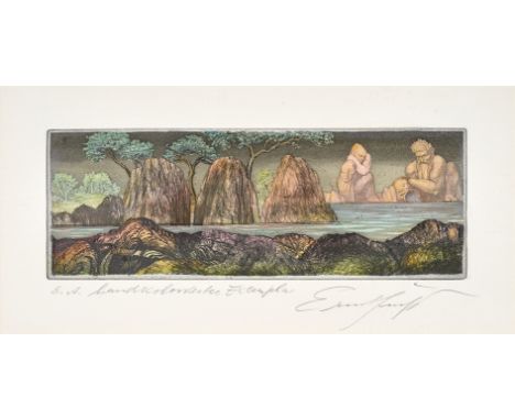 Ernst Fuchs. 1930 - Wien - 2015. Handsign. und beschriftet: E.A. Handkoloriertes Exemplar. Farbradierung. 10,8 x 29,9 cm. "Fl