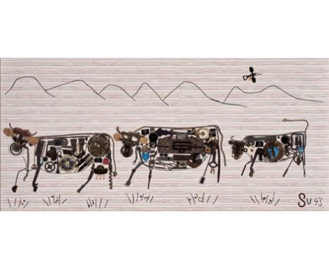 Susi Uebersax. 20./21. Jh.  Monogr. (19)93 dat. Recyclingkunst mit drei Kühen. 30 x 64 cm. R