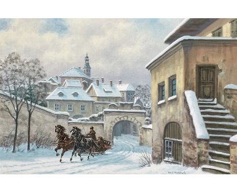 G. Csapo. Ungarischer Maler des 20. Jh.  Sign. Burganlage im Winter mit zweispännigem Schlitten. Öl/Lwd. 60 x 90 cm. R