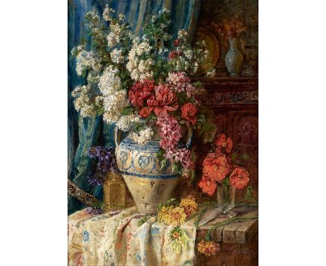 Marie Philips-Weber. In München tätig. Sign. Prachtvolles Blumenstilleben mit verschiedenen Sträußen in einem Salon. Öl/Lwd. 