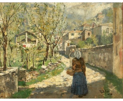 Karl Heffner. 1849 Würzburg - 1927 Berlin.  Sign. 1890 dat. Frühlingstag in Italien mit Personenstaffage in einem malerischen