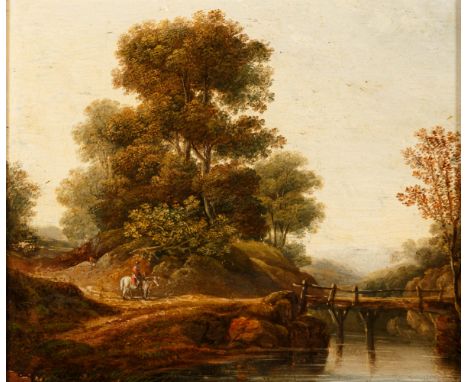 Maler des 18. Jh. Idyllische Flusslandschaft mit Holzsteg und Reiterfigur. Malerische Baumgruppe. Öl/Holz. 15 x 17,5 cm. R