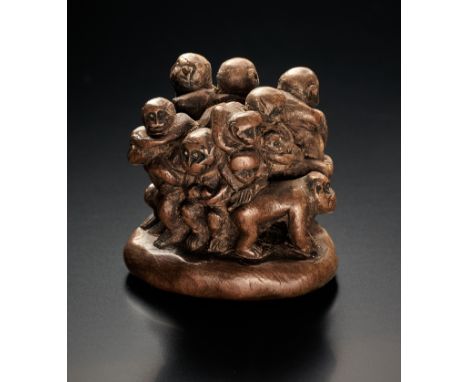 Netsuke. Affenrudel. Sign. Naga Mitsu. Holz. Kl. Fehlstellen. 1. H. 19. Jh. H 3,2 cm. Ehemals Sammlung I.H. Erbprinzessin Eli