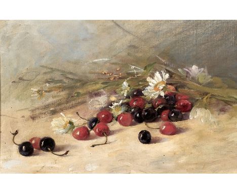 Französischer Maler des 19. Jh.  Stilleben mit Kirschen und Margeriten. Öl/Ktn. 27 x 41 cm. R