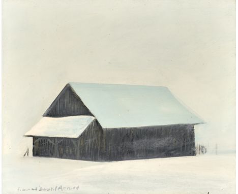 Conrad David Arnold. 1941 Weingarten - dort auch tätig. Sign. Verso dat. 1992 bet.: Scheune im Schnee. Öl/Platte. 10 x 12 cm 