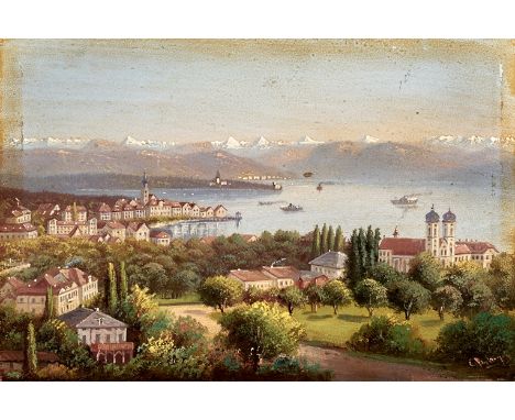 Hubert Sattler. 1817 - Wien - 1904.  Sign. mit Pseudonym. Blick auf Friedrichshafen mit Schloßkirche und Altstadt. Öl/Holz. 9