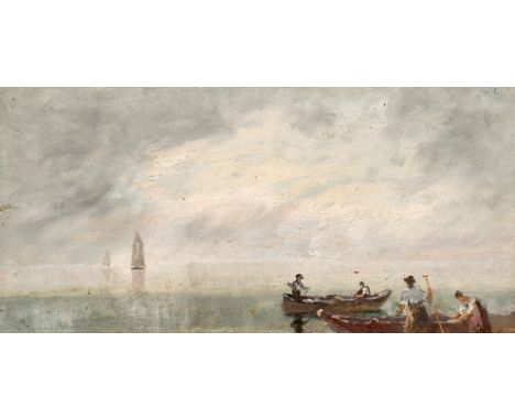 Ludwig Correggio. 1846 München - nach 1920 München.  Sign. Chiemsee mit Fischerbooten. Vs. Erntelandschaft. Öl/Ktn. 15 x 29 c