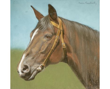 Anton Kaulbach. 1864 Hannover - 1930 Berlin. Sign. Pferdekopf mit angelegter Trense. Bunte Kreide. 50 x 50 cm. Gl. u. R