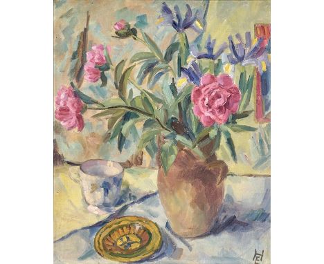 Elemer Handel. 1881 - Budapest - 1911. Monogr. Stilleben mit Pfingstrosen und Keramikteller. Öl/Lwd. 57 x 48 cm. R