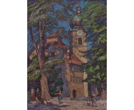Alfons Kräutler. 1907 - Dornbirn - 1993. Sign. Blick auf die Pfarrkirche St. Sebastian im Dornbirner Oberdorf. Öl/Malplatte. 