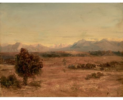 Landschaftsmaler des 19. Jh. Weiter Blick über Land mit Gebirgshorizont im Abendlicht. Öl/Ktn. 22 x 28 cm R