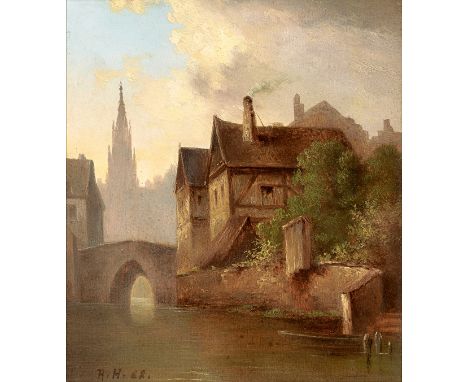 Remy van Haanen. 1812 Oosterhout - 1894 Bad Aussee. Monogr. (18)68 dat. Blick auf Ulm mit Gerberviertel. Münster und Blau. Öl