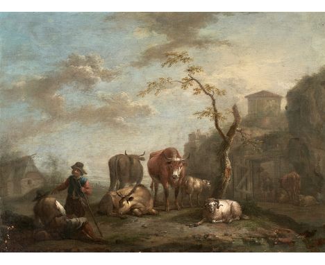 Karl Dujardin. 1622 Amsterdam - 1678 Venedig. Reste von Signatur 16.. dat. Pastorale. Zwei Schäfer mit Kühen und Schafen rast
