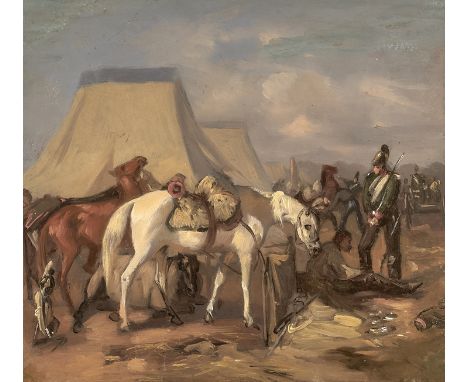 Theodor Horschelt. 1829 - München - 1871.  Verso sign. Rastende Kavallerie in einem Zeltlager. Öl/Ktn. 24,5 x 27 cm R