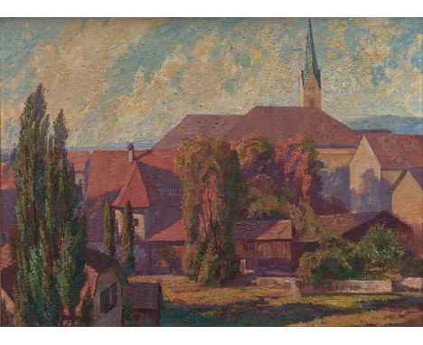 Alfons Kräutler. 1907 - Dornbirn - 1993. Sign. Blick auf Dornbirn mit der Pfarrkirche St. Martin. Öl/Malplatte. 59 x 80 cm R