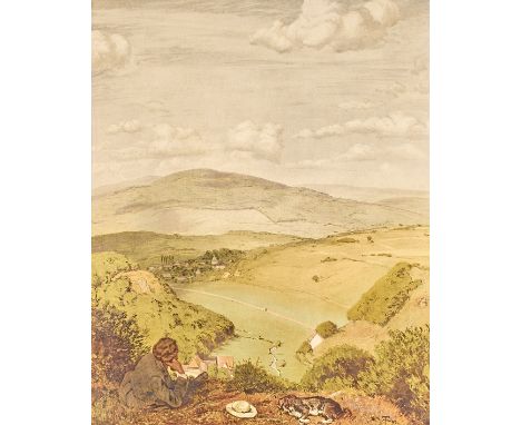 Hans Thoma. 1839 Bernau - 1934 Karlsruhe. Taunuslandschaft mit rastendem Wanderer. Algraphie in Pl. monogr. 90 dat. 60 x 49 c