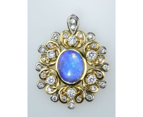 Feiner Brillant-Opalanhänger. Brillanten ca. 0,55 ct. Mittig Opal. Meistermarke Stork. 18 ct. GG. H 2,6 cm