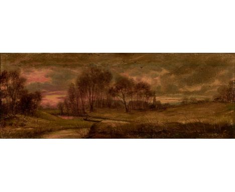 Landschafter um 1900.  Undeutliche sign. Verso bez. Diefenbach. Abendlandschaft mit kleiner Kirche. Öl/Lwd. 12 x 32 cm. R